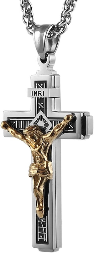 Catholic Jesus Christ on INRI Cross Crucifix Gold Silver Tone stainless steel Pendant Necklace (Silver and Gold)