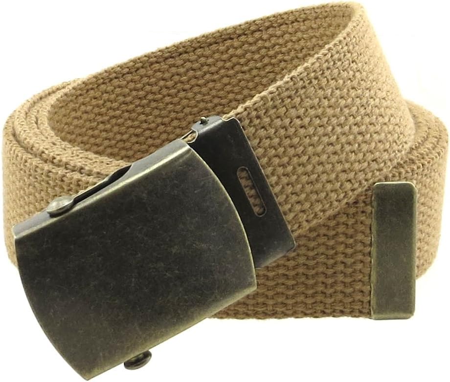 Canvas Web Belt Military Style with Antique Brass Buckle and Tip 50" Long, Light Brownlan