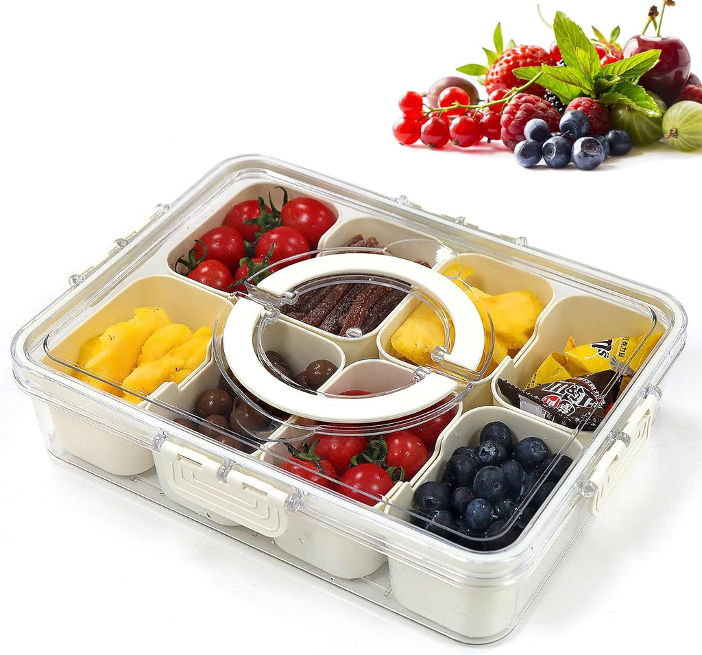 Divided Serving Tray with Lid and Handle - 8 Compartment Snackle Box Charcuterie Container