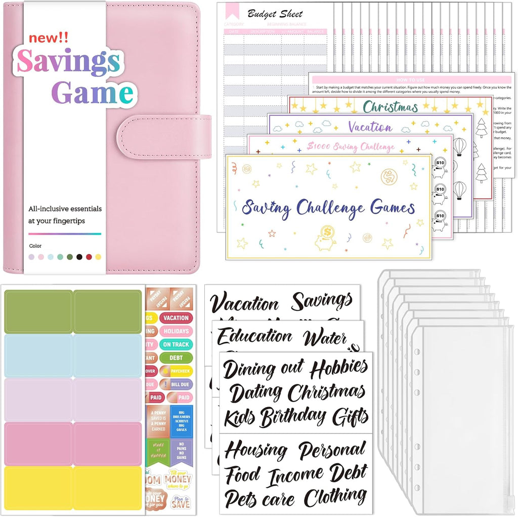 Budget Binder with Money Saving Challenge, Money Saving Binder with Cash Envelopes, Expense Sheets, Pink