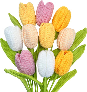 10PCS Crochet Tulip Flower Knitted Bouquet Faux Tulips for Home Office Wedding Decor, Yellow