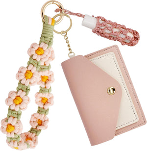 Boho Wristlet Keychain Wallet Lipstick Holder Handmade Wristband Bracelet, Pink Green