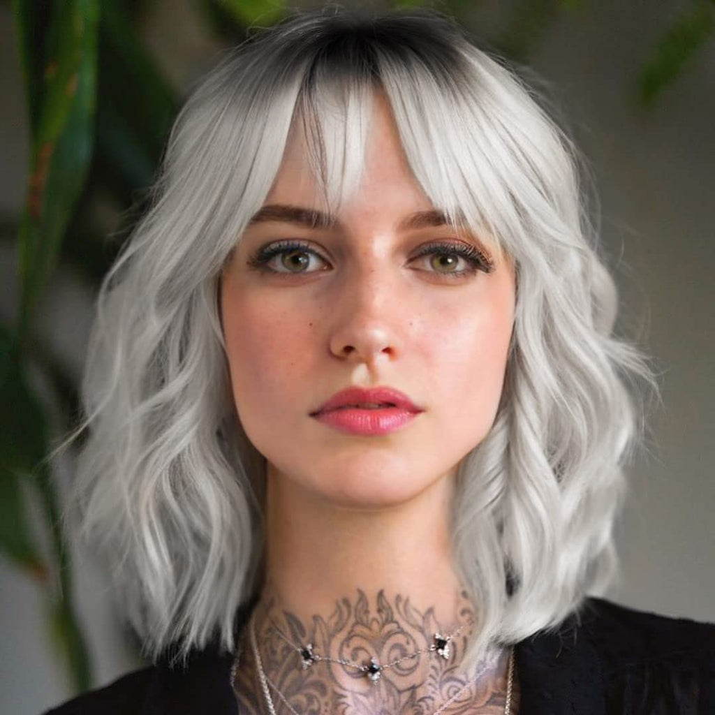 Short White Silver Wigs for Women Ombre Grey Wavy Bob Wig with Bangs Medium Length Synthetic Hair, 12 inches, Ombre Silver