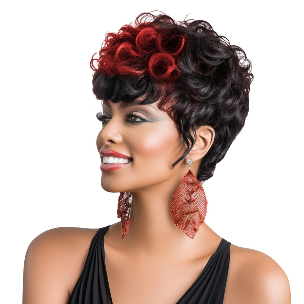 Short Cut Wig Black Mixed With Red Curly Wigs Natural Black Mixed Red