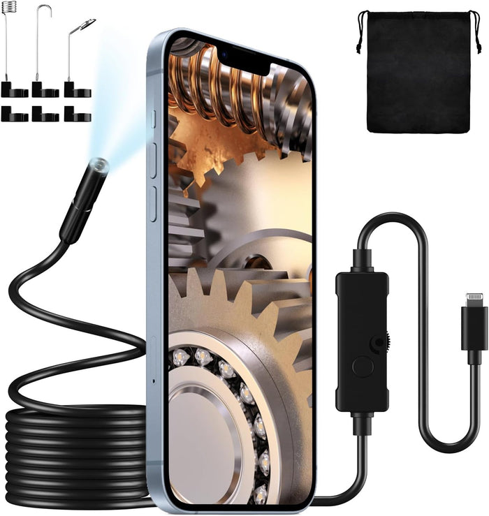 Endoscope Camera with Light iPhone Borescope Inspection Camera, 1920p HD, Adjustable 8 LED, 16.4ft, Single Lens