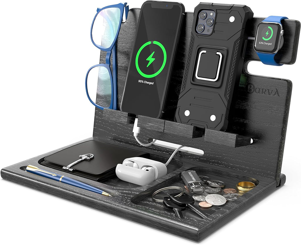 Wood Docking Station 2 Phone Nightstand Organizer Table Charging Dock Multi Watch Charging Stand, Black