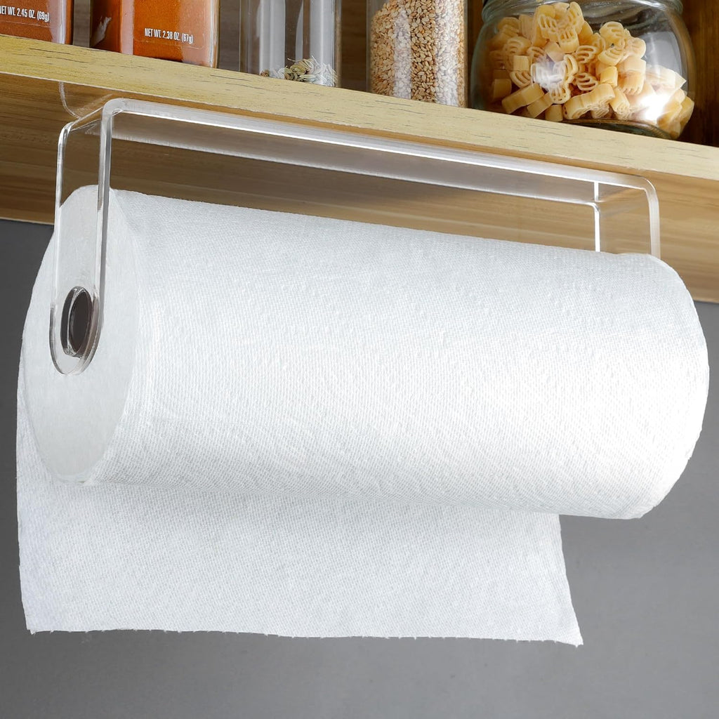 Acrylic Paper Towel Holder - Kitchen Paper Towel Holder Under Cabinet, One Hand Operable, Self Adhesive Paper Towel Rack for Bathroom Organizer