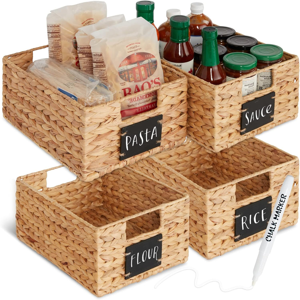 Set of 4 9x12in Water Hyacinth Pantry Baskets, Woven Kitchen Organizers w/Chalkboard Label, Chalk Marker - Natural