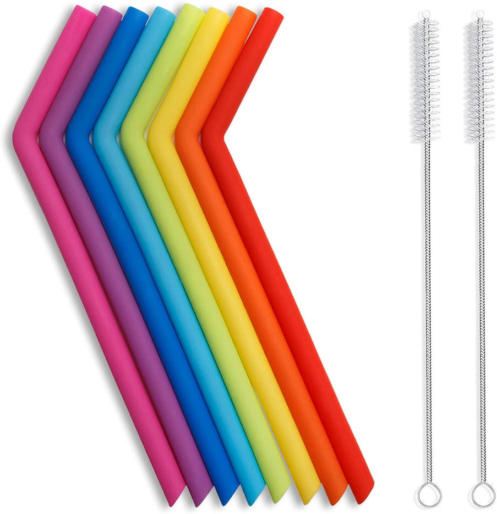 Reusable Silicone Straws, Long Flexible Silicone Drinking Straws with Cleaning Brushes for 30 oz Tumblers , 10 Pieces