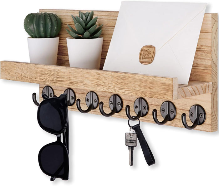 Key Holder Wall Mount, Entryway Key and Mail Holder with 7 Sturdy Hooks with Mounting Hardware, 15”W x 6.7”H x 4.2”D (Wood)