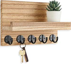 Key Holder for Wall, Decorative Key and Mail Holder with Shelf Has Large Key Hooks for Bags, Coats – Paulownia Wood Key Hanger (Burnt wood)