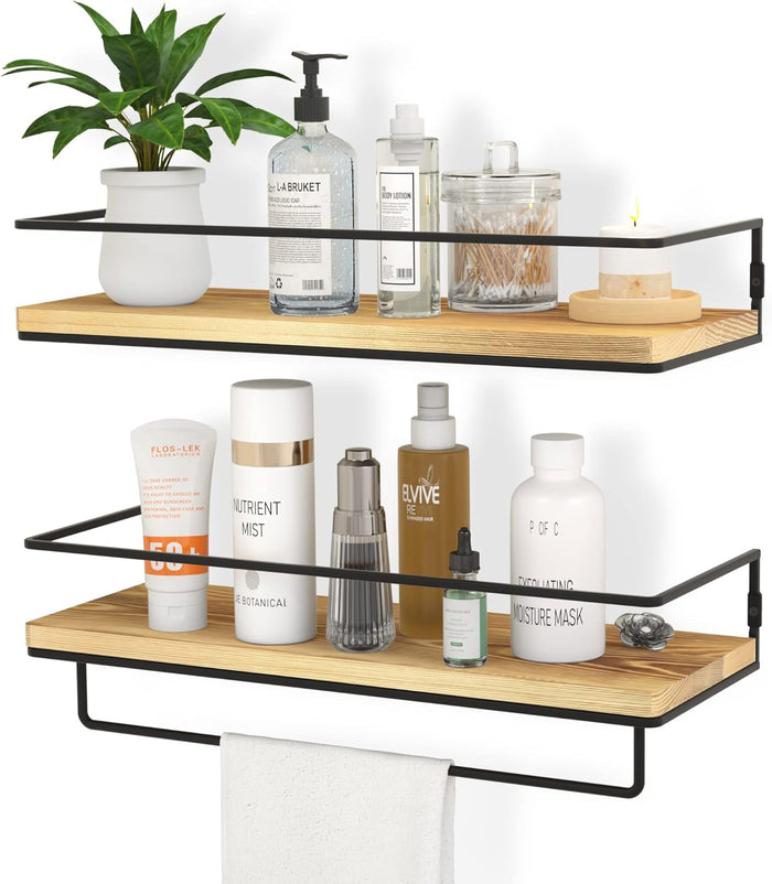 Floating Shelves for Wall Set of 2, Wall Mounted Storage Shelves with Metal Frame and Towel Rack (Wood)