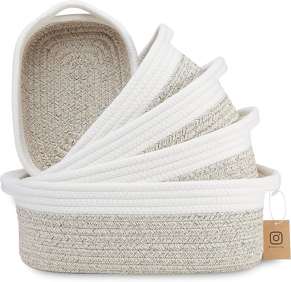 5-Piece Rectangle Storage Basket Set- Natural Cotton Rope Woven Baskets for Organizing, Off White & Mixed Brown