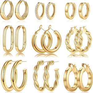 9 Pairs Gold Hoop Earrings for Women, 925 Sterling Silver Post 14K Real Gold Plated Chunky Hoop Earrings Set