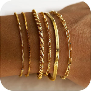 14K Real Gold Jewelry Sets for Women Trendy Thin Dainty Stackable Cuban Link Paperclip Chain Bracelet , 6pcs