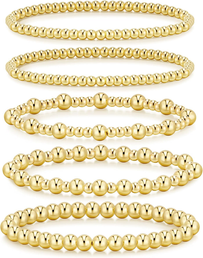 14K Gold Plated Beaded Bracelets Gold Stretch Bead Ball Bracelet stack Set Adjustable, 5pcs Gold A