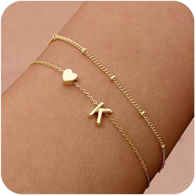 Dainty Initial Heart Gold Bracelets for Women Trendy, 14K Real Gold Letter Charm Bracelet Jewelry (Letter K)