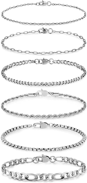 6PCS Stainless Steel Bracelets for Women Men,14K Gold Plated Cuban Link Paperclip Chain Bracelet Set Fashion Jewelry