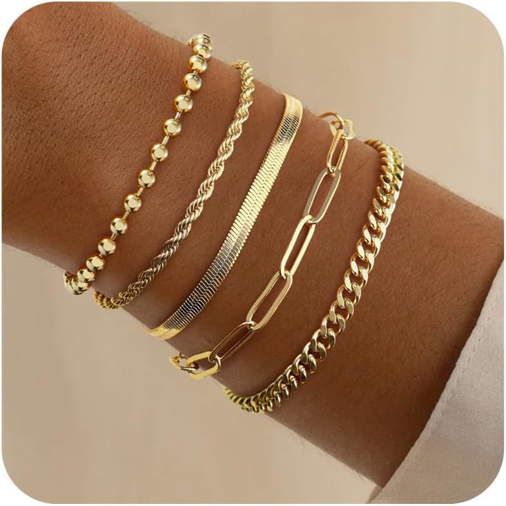 Dainty Bracelets Set for Women Trendy, Gold Bracelets Stack With Beaded, Cuban, Paperclip, Heart, Snake, Rope, Pearl, Cross, Hand Chain (5pcs)