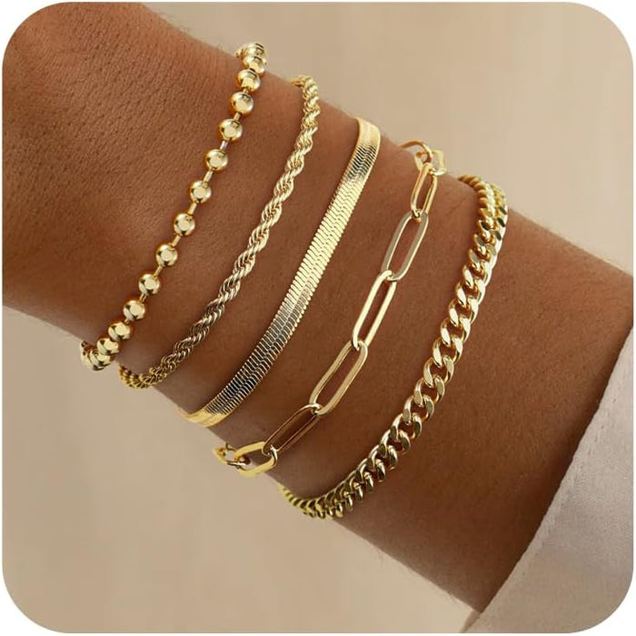 Dainty Bracelets Set for Women Trendy, Gold Bracelets Stack With Beaded, Cuban, Paperclip, Heart, Snake, Rope, Pearl, Cross, Hand Chain (5pcs)