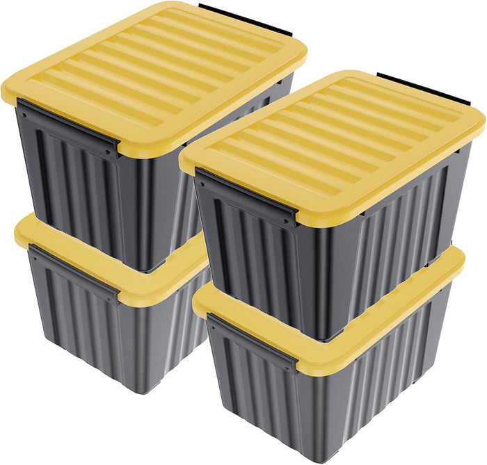 72 Quart Plastic Storage Bin, Stackable and Nestable Storage Boxes with Yellow Lids and Secure Latching Buckles, Yellow