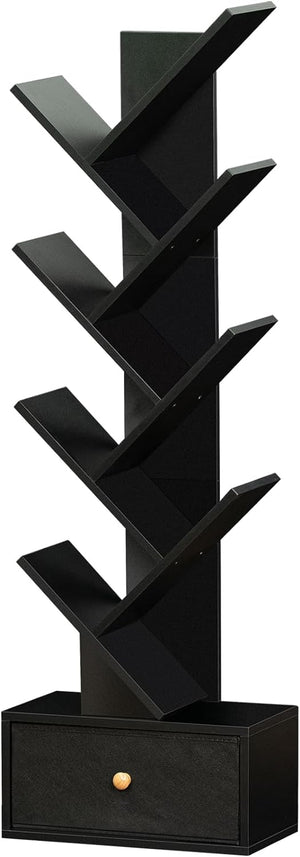 8 Tier Tree Bookshelf with Drawer, Free Standing Wood Bookcase, Black