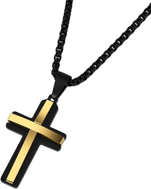 Stainless Steel Double Layer Cross Pendant Necklace for Men, 24" Box Chain, Black and Gold