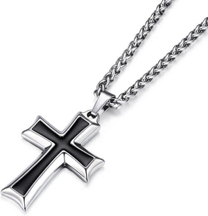 Mens Stainless Steel Cross Pendant Necklace with Wheat Chain, Silver