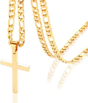 Cross Pendant Necklace Simple Jewelry Gifts, 24 Inches 3:1 Figaro Link Chain 4/5/6mm Width, Gold 5mm