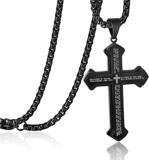 Men's Stainless Steel Nail Lord's Prayer Cross Pendant Necklace for Men Women Big Pendant and Strong Chain 24", Black