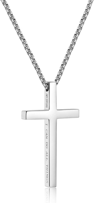 Cross Necklace for Men, Stainless Steel Pendant Box Chain Jewelry, No Gemstone