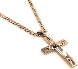 Stainless Steel Cross Pendant 24 inch Cuban Chain Necklace for Men, Rose Gold