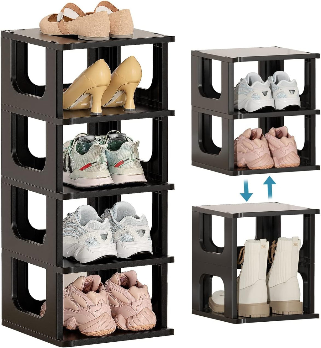 5 Tier Plastic Vertical Narrow Shelves for Closet Black Shoe Holder, Stand for Entryway Storage Boots Organizer Stackable Cabinet, Black