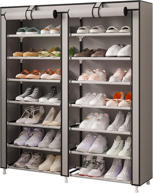 Double Row Portable Nonwoven Fabric Cover Shoe Rack Holds up to 28 Pairs 36.2 x 11.2 x49.2 Inches Grey