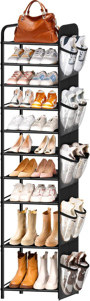 10 Tier Tall Narrow Shoe Rack for Closet, Holds 25 Pairs Boots & Shoe Storage Organizer