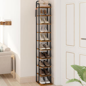 Vertical Shoe Rack, Shoe Shelves, Wood Shoe Organizer for Closet Adjustable, with 2 Hooks, 10 Tier Rustic Brown