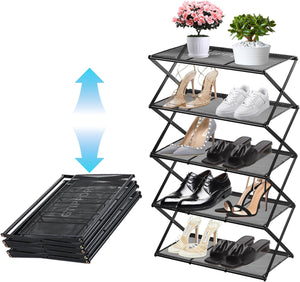 5 Tier Foldable Shoe Rack Without Assembly Collapsible Metal Shoe Organizer Folding Shoe Storage Rack, Black