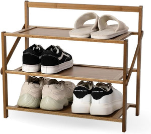 3-Tier Shoe Rack for Closet & Entryway, Installation-Free Foldable Bamboo Shoes Storage Organizer, Brown