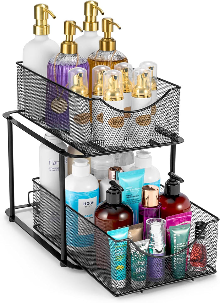 2 Tier Metal Under Sink Organizer for Bathroom and Storage (Black)