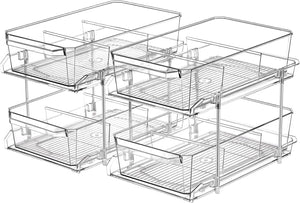 2 Set, 2 Tier Clear Organizer with Dividers for Cabinet / Counter, MultiUse Slide-Out Storage Container