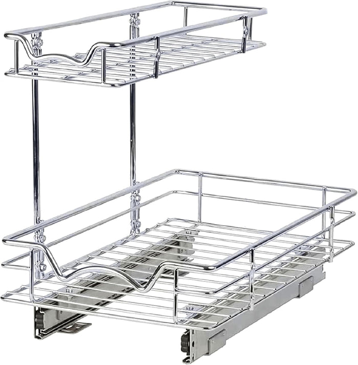 2 Tier slide out Cabinet Organizer With Sliding Drawers For Inside Cabinets- 11"W x 18"D x 15”H, Chrome