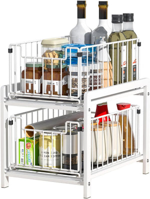 2 Tier Sliding Basket Drawer Organizer, Pull Out Under Sink Cabinets Organizer, Metal Home Organizer Shelf, White