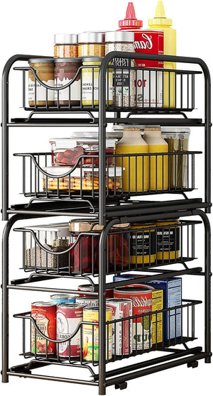 2 Tier Stackable Sliding Basket Organizer Drawer For Kitchen And Bathroom/Cabinet Drawers, 2-piece,black