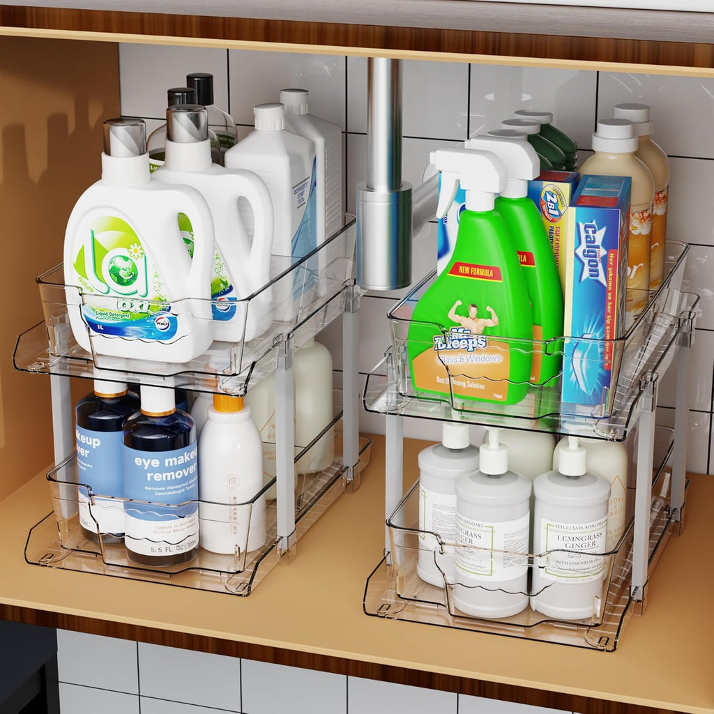 2 Sets 9.7" Tall Under Sink Organizers And Storage,Multi-Purpose 2 Tier Under Bathroom Sink Organizer