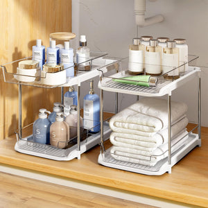 2 Sets Clear Under Sink Organizers and Storage, Bathroom Cabinet Organizer with Dividers, 2-Tier Stackable Pull Out Cabinet