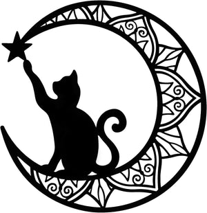 Metal Cat Wall Decor, Black Cat Wall Art Home Decorations (Cat Scratched Stars) 13Inch