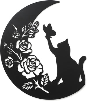 Metal Black Cat Wall Decor, Cat On the Moon Wall Art, Cats Lover Gifts, 11 inches