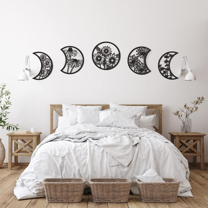 5 Pieces Moon Phase Wall Decor Boho Hanging Moon Phase Nordic Wood Wall Art Decor