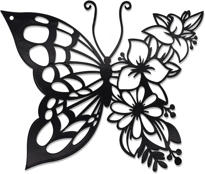 Butterfly Decoration Wall Art Boho Home Decor Hanging Appearance Metal Flower, Black Medium