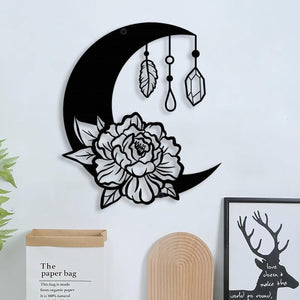 11" Black Boho Floral Moon and Star Phase Wall Sign